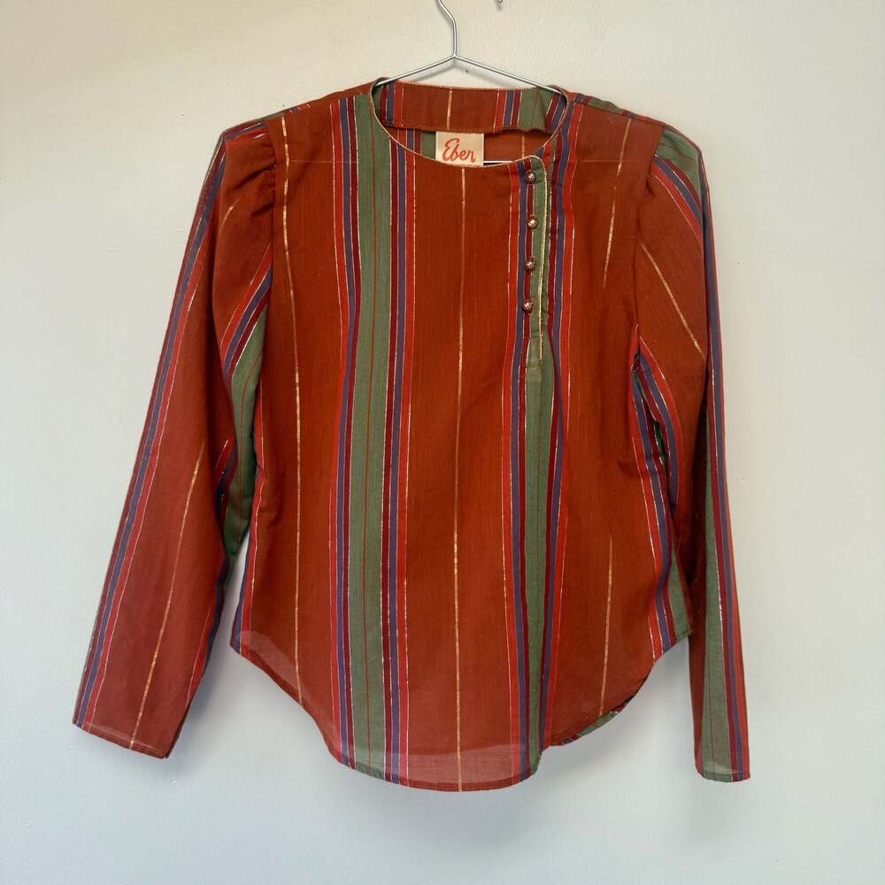 Vintage Orange Metallic Striped Long Sleeve Button-Down Blouse